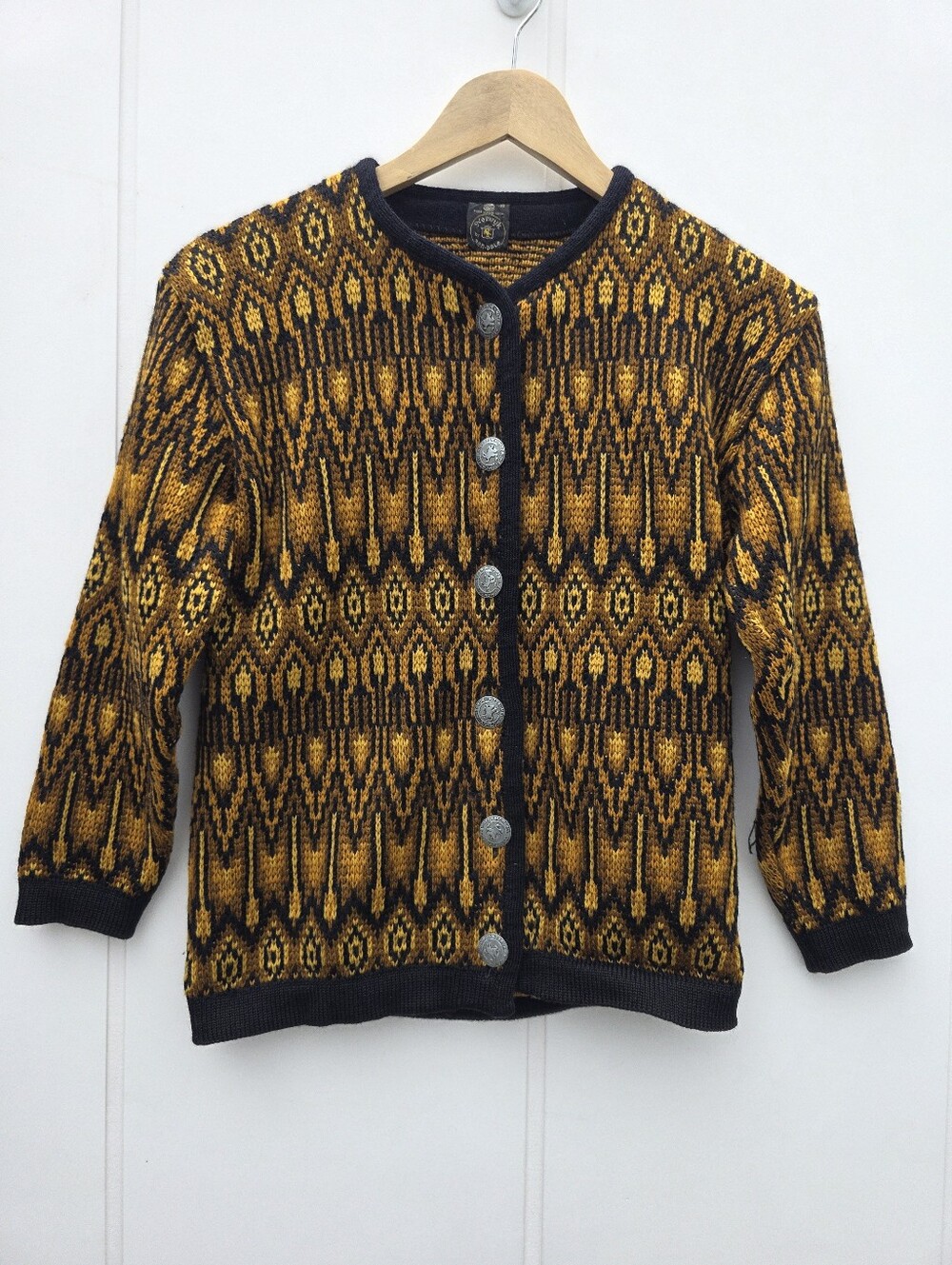 Vintage Norvyk Virgin Wool Knitted Button Cardigan Sweater Mustard Yellow Medium